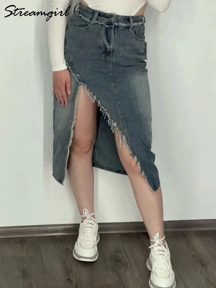 Streamgirl Irregular Split Denim Skirts For Women Midi Summer Casual Tassel Denim Skirt Lady Sexy A Line Jeans Skirt Women 2024