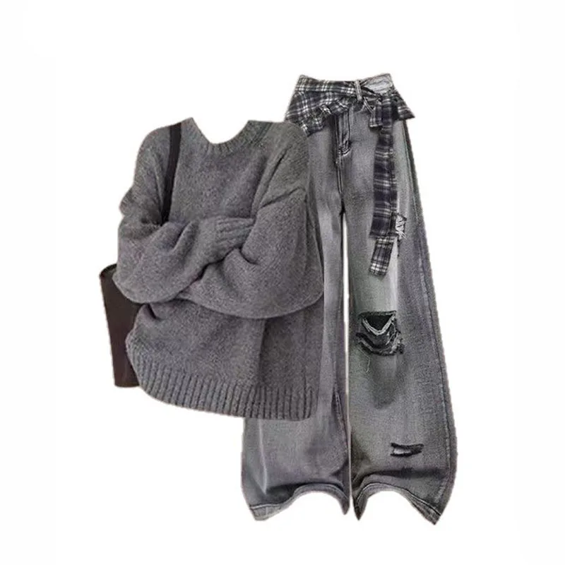 

Autumn and Winter High-end Set, Women's American Niche Knitted Sweater, Loose and Slimming Retro Jeans Two-piece Set Pant Sets