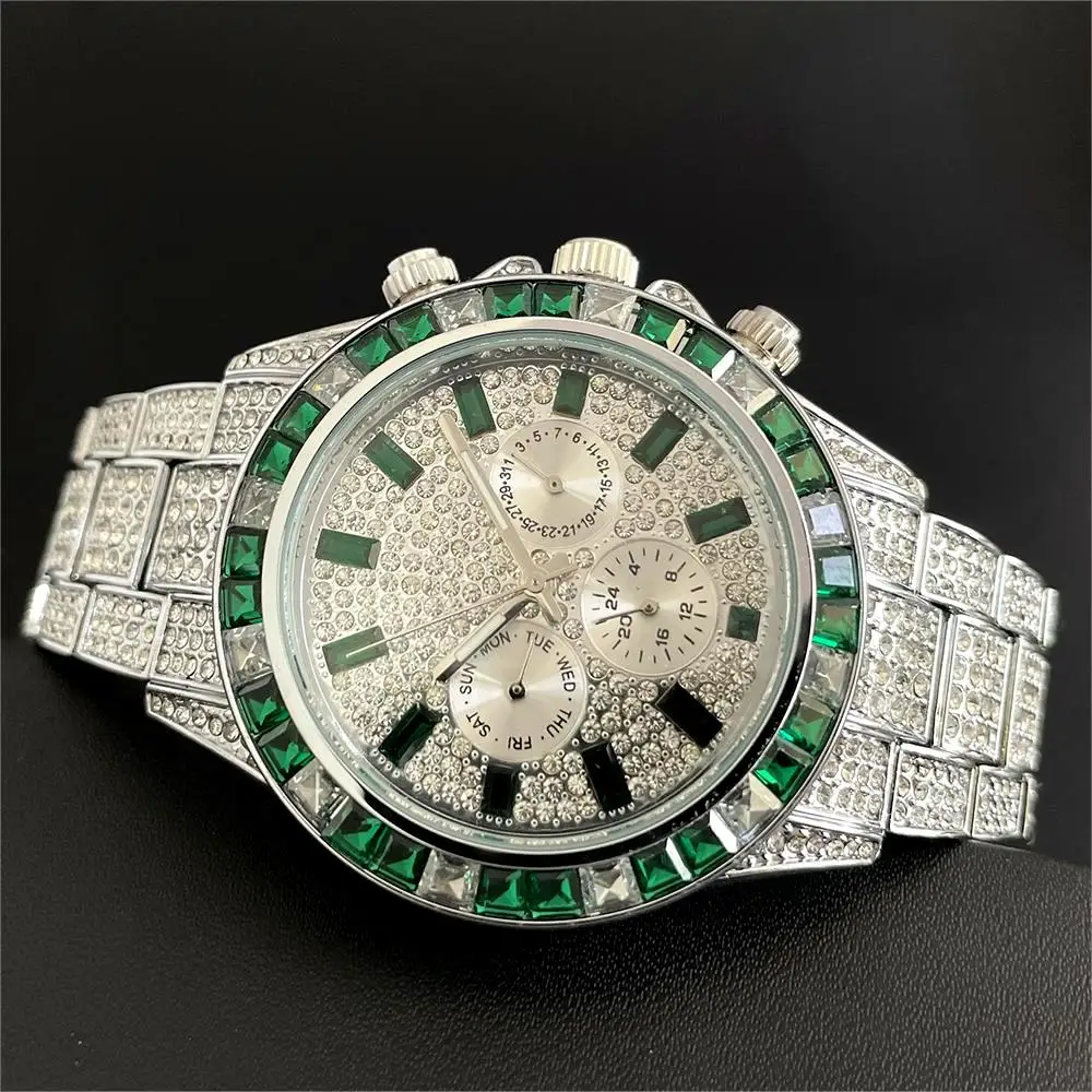 Hot Sell Luxury Green Iced Watch For Men Fashion Stainless steel Quartz Wristwatch Hip Hop Rainbow Diamond AAA Watches Man Reloj