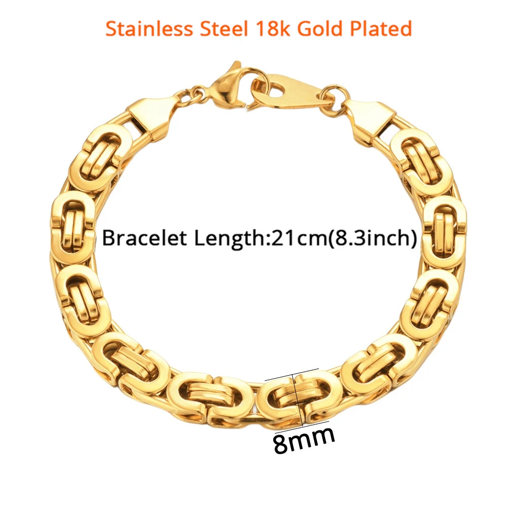 Gold Color Stainless Steel 8mm Byzantine Link Chain Bracelets Necklace For Women Men Fashion Party Wedding Jewelry Sets Gifts