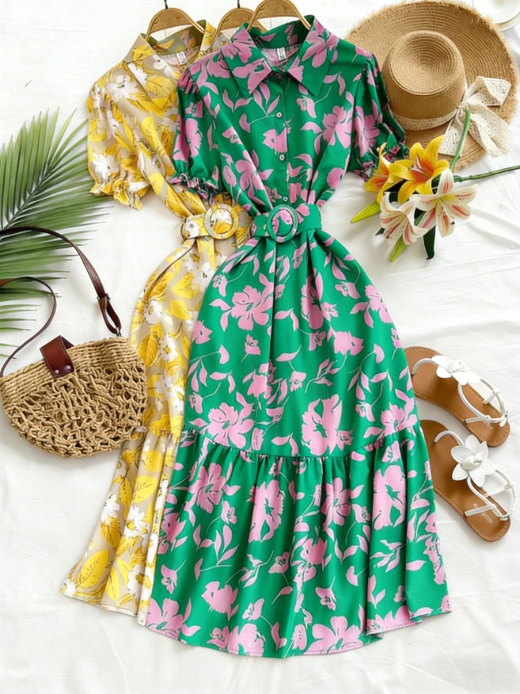 Women's Green Floral Print Button Down Short Sleeve Sundress Belted Waist Ruffled Hem Maxi Dress Summer Vacation Long Dress