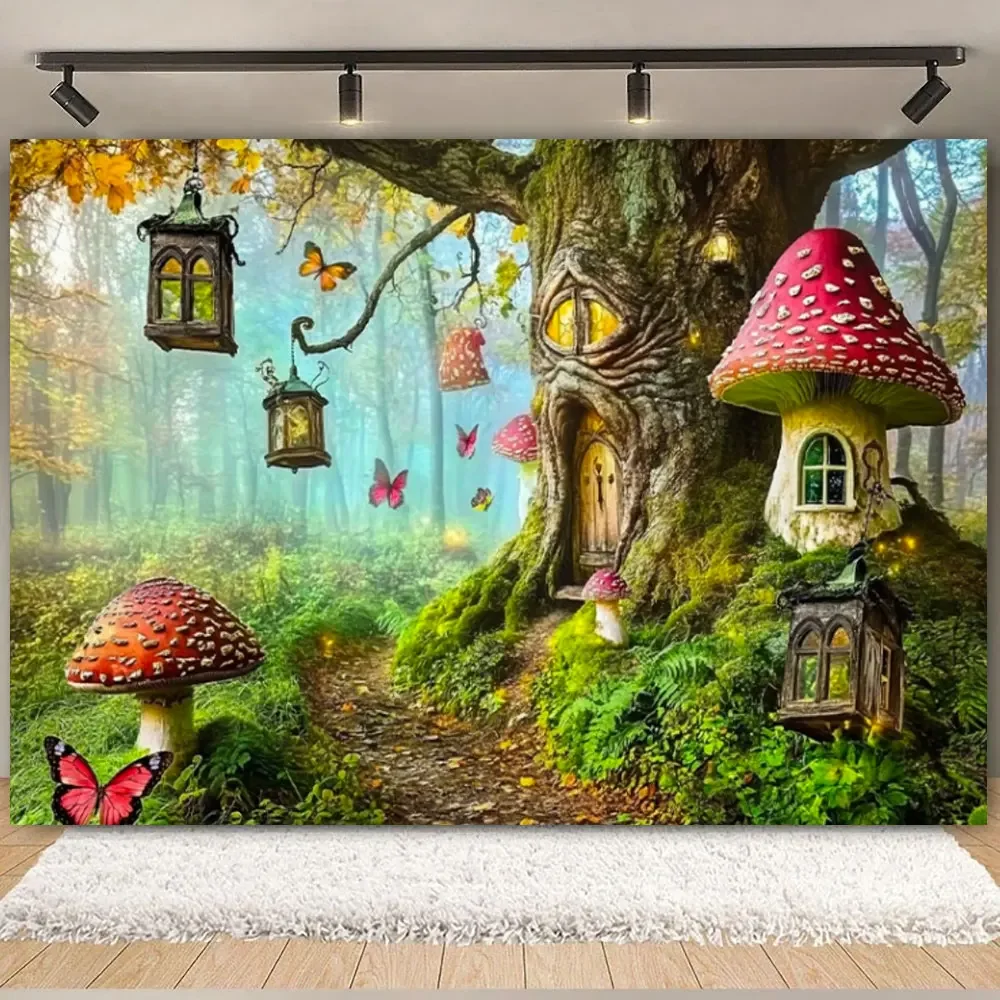 Fairy Tale Enchanted Forest Backdrop Wonderland Dreamy Jungle Mushroom Baby Birthday Party Photography Background Photo Studio