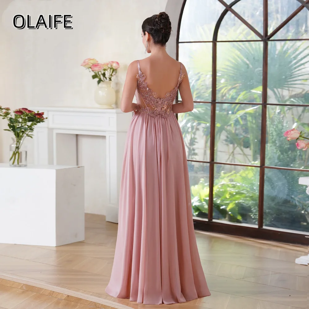 Chiffon Spaghetti Strap A-LineLace Appliques Beading Sequined Customized Sleeveless Evening Dress Sweep Train vestidos de noche
