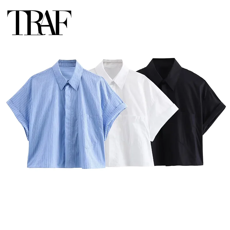 TRAF 2024 Blue Striped Cropped Shirt Women Short Sleeve Black White Shirt Woman Summer Crop Top Female Loose Casual Blouses