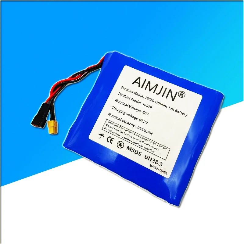 New 60V 3.0Ah 18650 16S1P Lithium Battery Pack A-level Battery Cells Long Endurance 15A BMS 900W High Power Battery