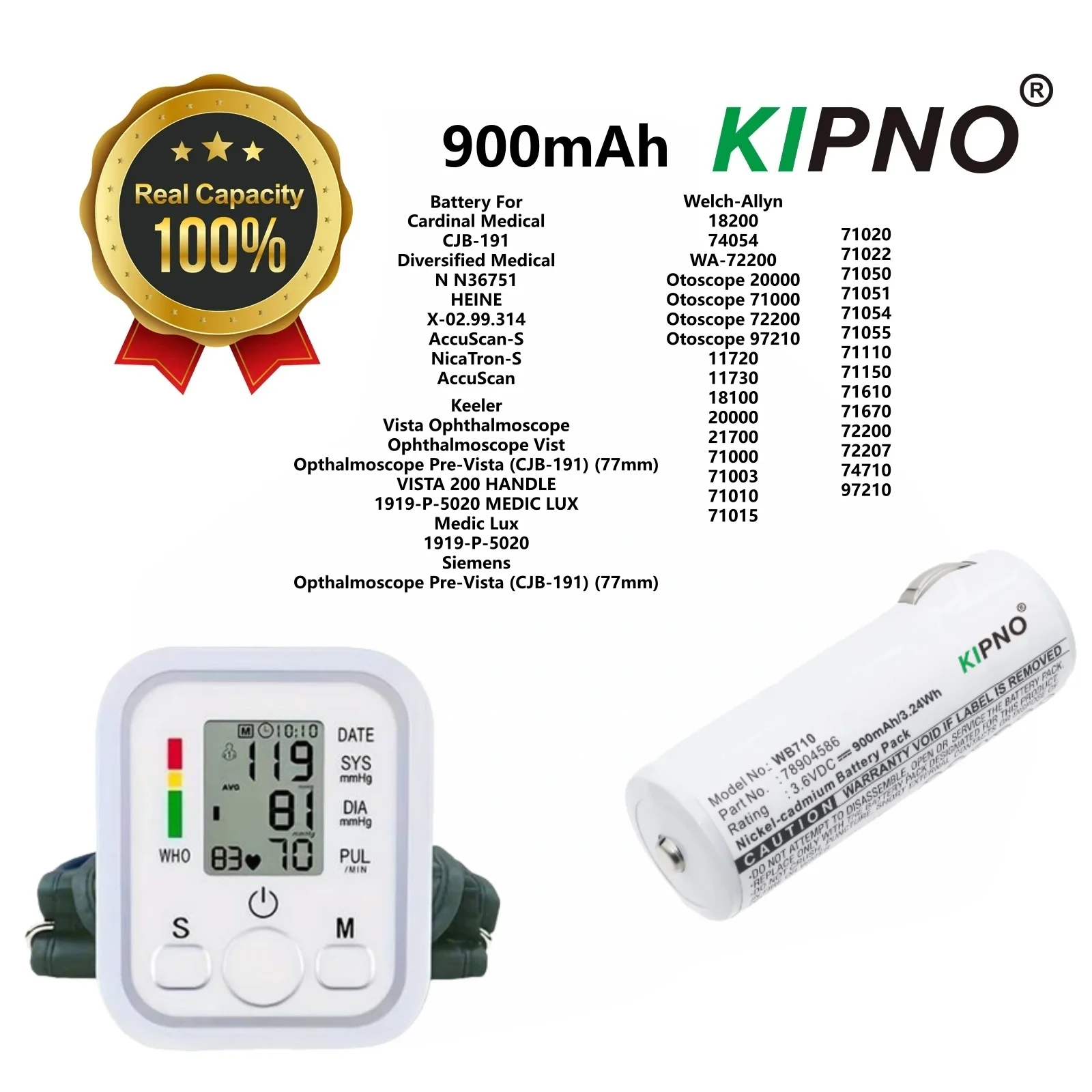 

Replacement Battery for Welch-Allyn 18200,74054,WA-72200,Otoscope 20000,(71000,72200,97210),11720,78904586,Medicalr-900mAh