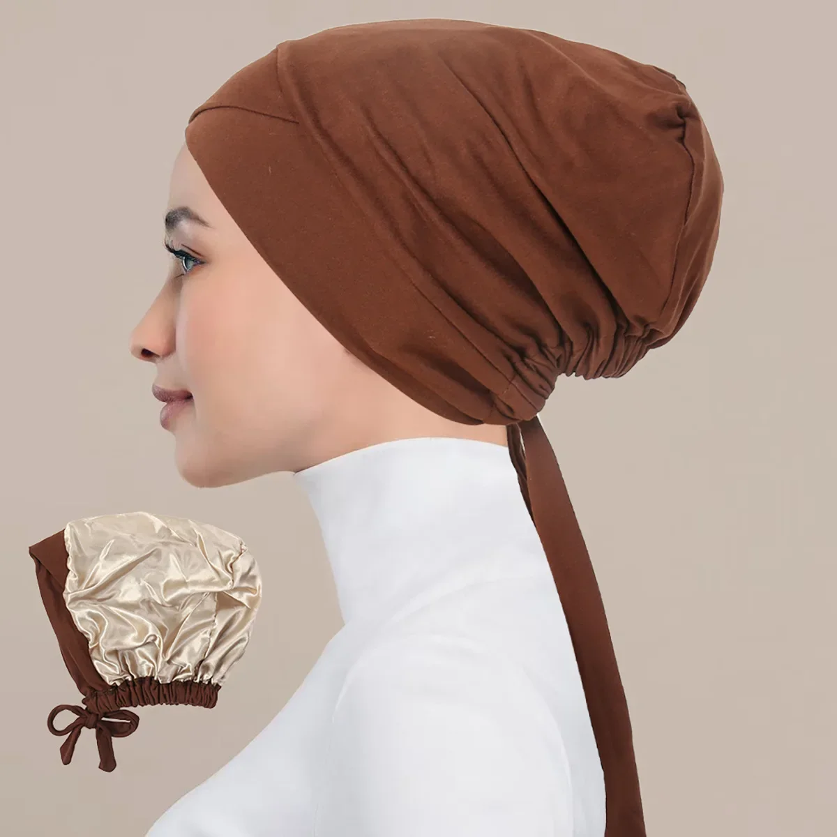 

Women Inner Hijab Satin Lined Undercap Hat Islamic Muslim Jersey Under Hijab Caps with Tie-Back Closure Headwrap Turbante Mujer