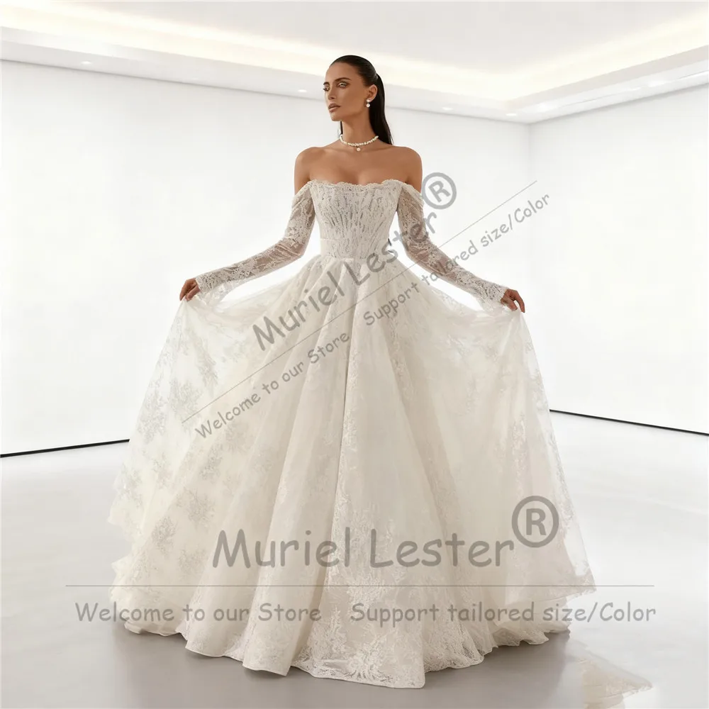 

Elegant Lace Appliques Bride Wedding Dresses Customized Long Sleeves Off Shoulder A Line Bridal Gowns Robe De Mariee Sweep Train