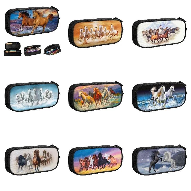 Cute Classic Horse Running Painting Pencil Cases for Boy Girl Large Storage Animal Pencil Pouch School Supplies