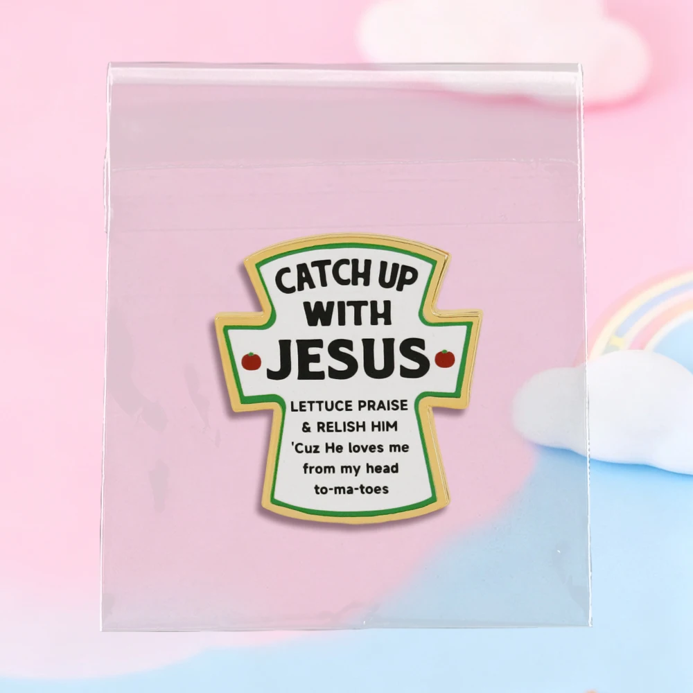 Catch Up With Jesus Kreuz-Brosche Christlich Humorvolle Salat-Tomaten-Wortspiel Emaille-Anstecknadel Religiöser Glaubens-Anstecker für Kleidung – Detail 8