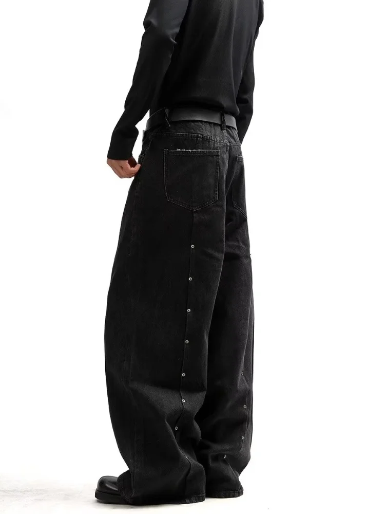 2025 Ropa Y2K نمط برشام تصميم مطوي أسود فضفاض الجينز السراويل للرجال الملابس واسعة الساق مستقيم طويل بنطلون بنطلونات أوم #6