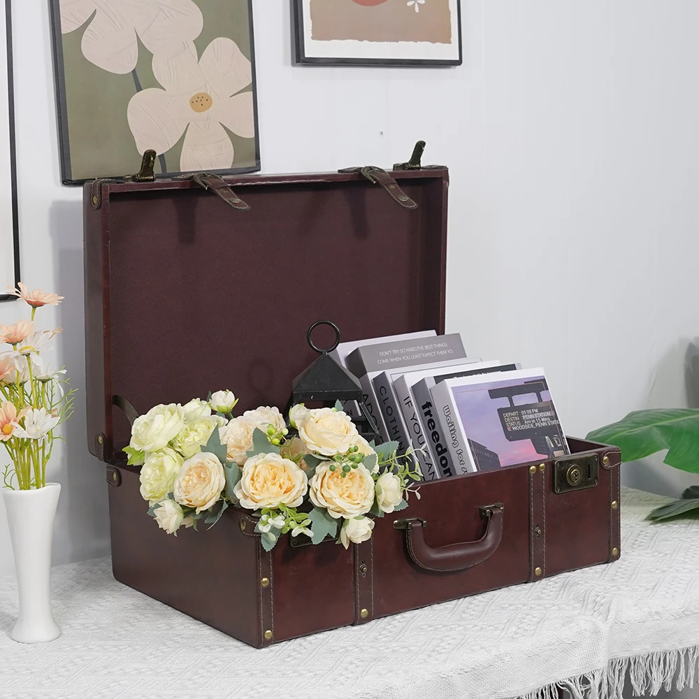 صندوق تخزين السفر الجلدي الأوروبي البريطاني العتيق، أمتعة مستطيلة خشبية كلاسيكية متعددة الوظائف #3