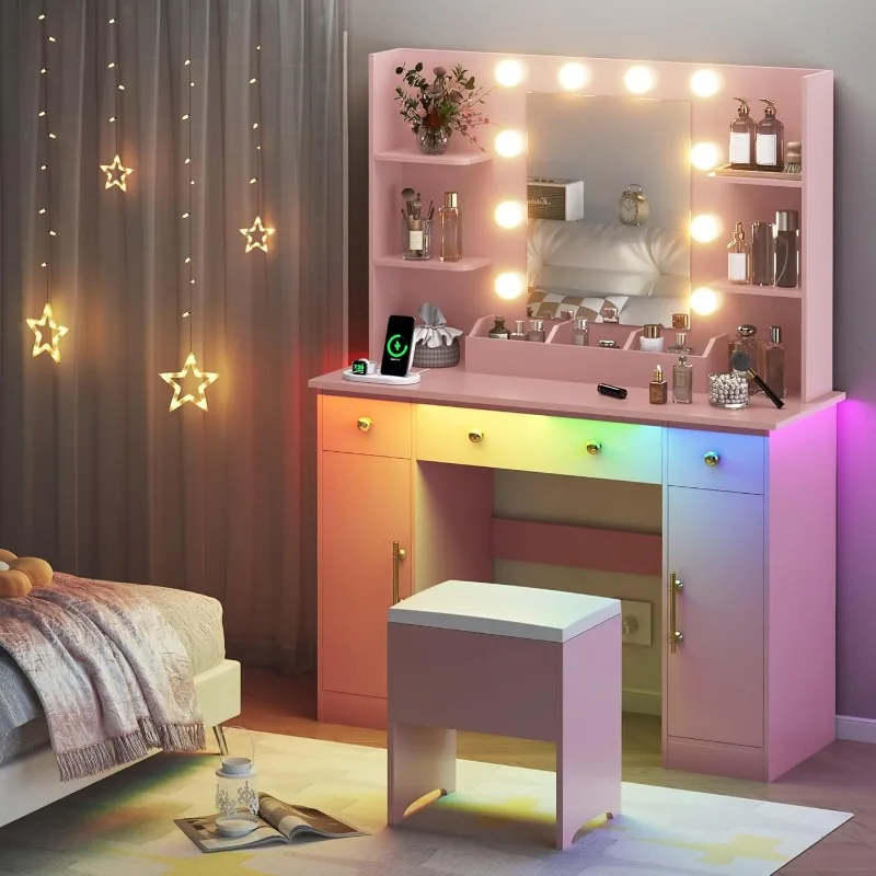 Desk with Mirror and Lights,Pink Makeup Vanity with Charging Station & Vanity Stool, 3 Drawers and Cabinets White Vanity