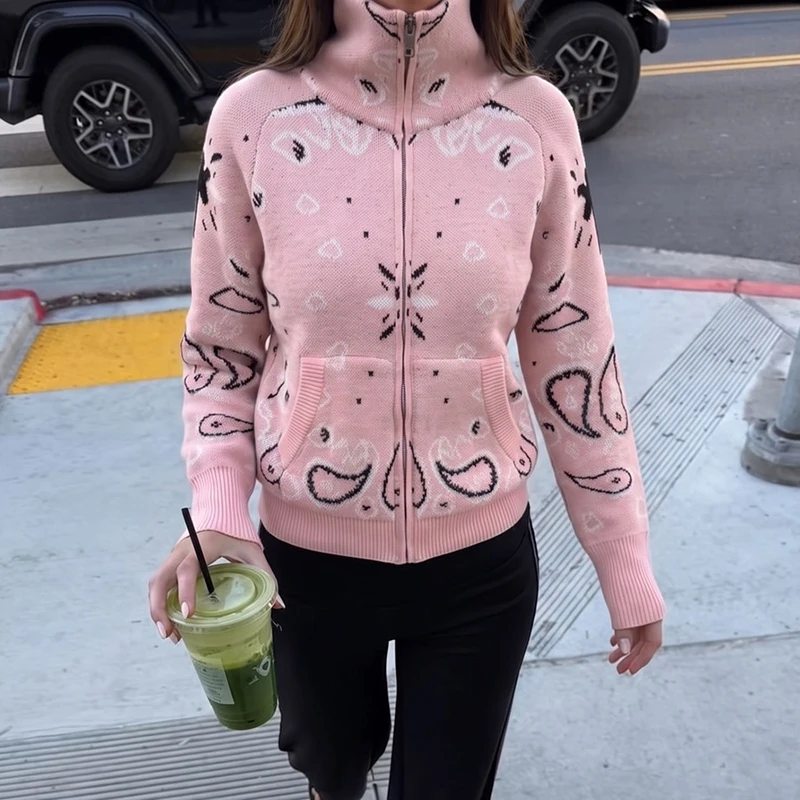 Unique Color Blocked Zipper Office Commuting Coat Comfortable Knitted Loose Cardigan Casual Stand Up Collar Long Sleeved Sweater
