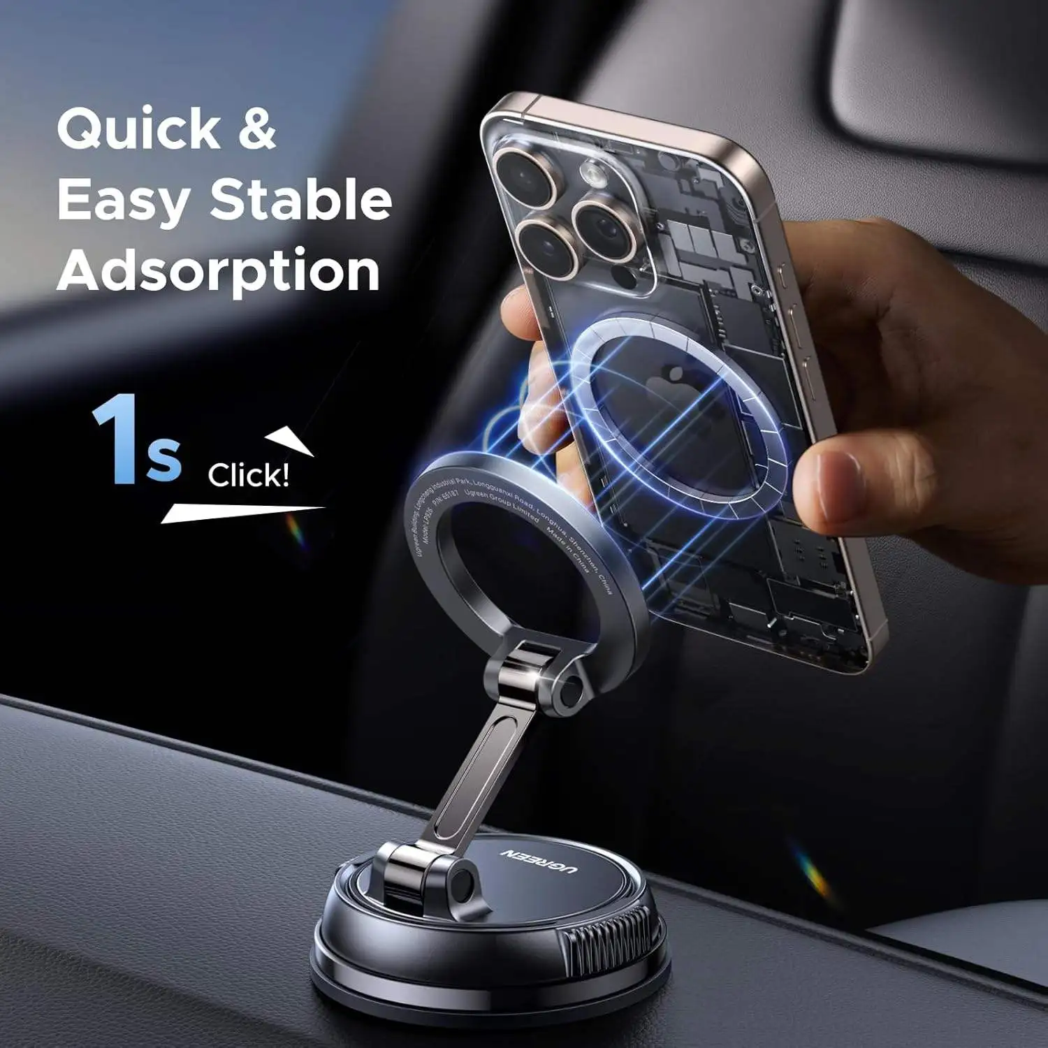 UGREEN Magnet Car Mount 360° Rotatable Vacuum Magnetic Phone Holder 2500gf Car Phone Holder with Suction Cup for iPhone 16 Pro