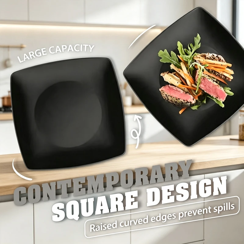 8PCS Square Matte Black Non-Fragile Plastic PP Plates, Salad Plates, Dishwasher and Refrigerator Safety Tableware.