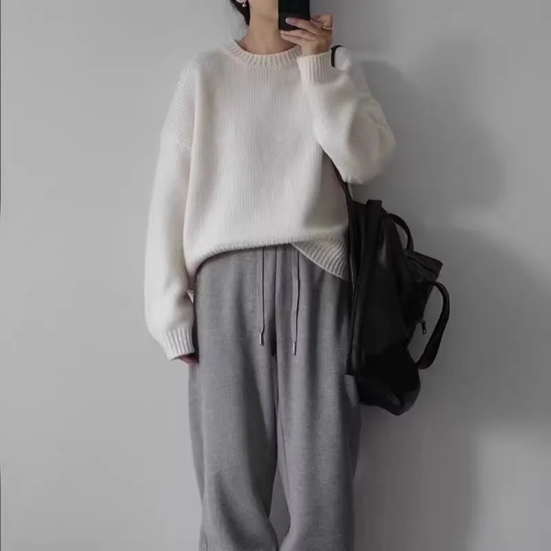 

Стильный и универсальный женский свитер из чистого кашемира с круглым вырезом, свободный вязаный свитер, шерстяной топ в корейском стиле.