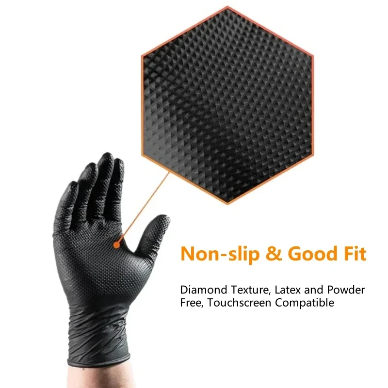Robuste schwarze Nitrilhandschuhe, 8 Mil, industrielle Einweghandschuhe mit diamantstrukturiertem Griff für mechanische Sicherheits- und Arbeitshandschuhe – Detail 11