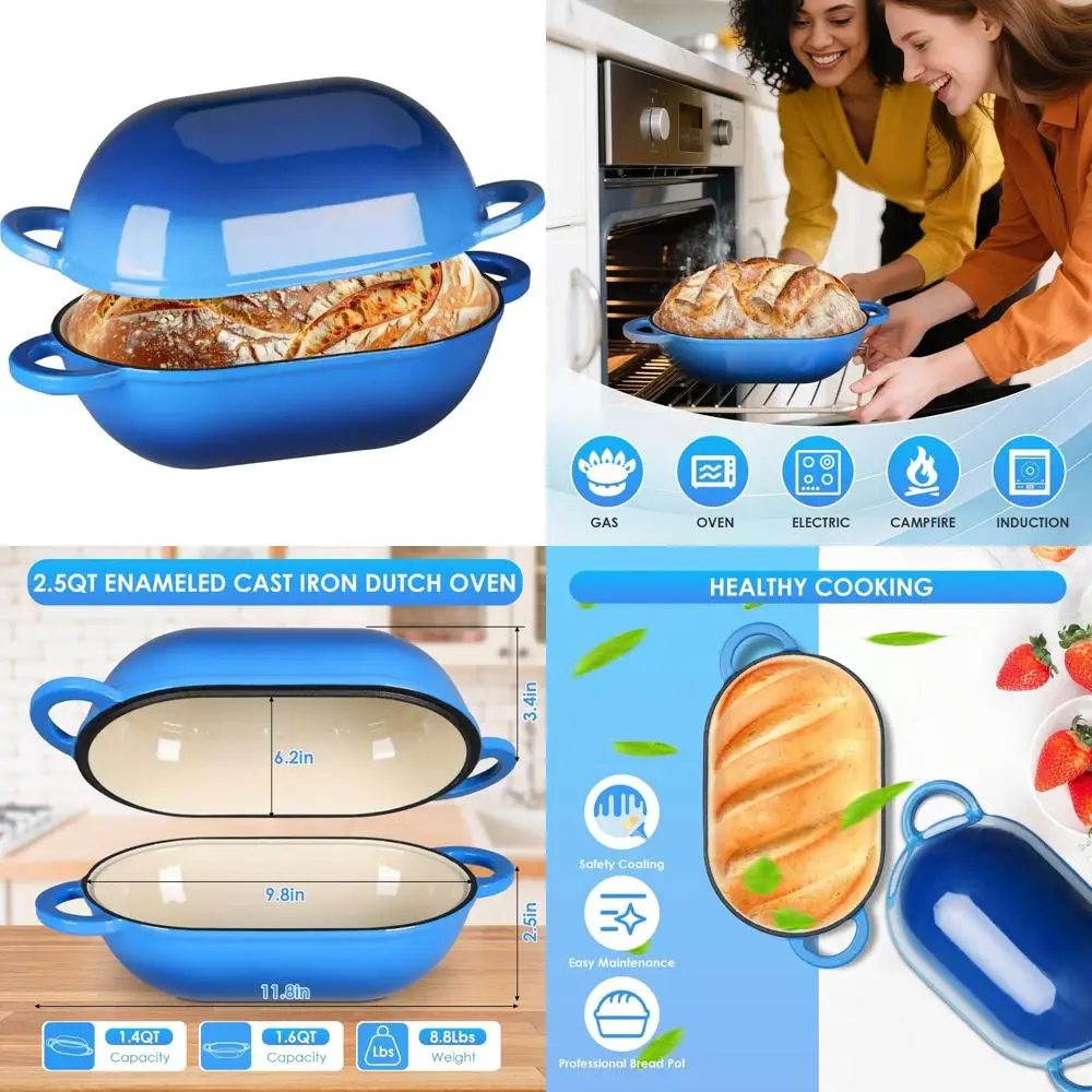 

Антипригарная эмалированная чугунная голландская духовка емкостью 2,5 литра для выпечки хлеба, безопасная кастрюля для духовки с крышкой, синяя, идеально подходит для выпечки вкусного дома