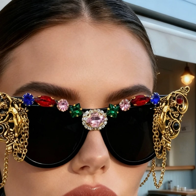 M68A Decorative Sunglasses with Stone Trim Browline, Lightweight Frame and Dark Tint Finish, Statement Party Accessory for