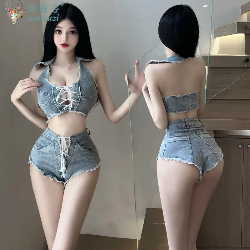 

Women's Sexy Playful Denim Hight Waist Shorts Sets Lace Up HollowOut Denim Tank Sleeveless Top DJ Pole Dance DS Flirting Uniform