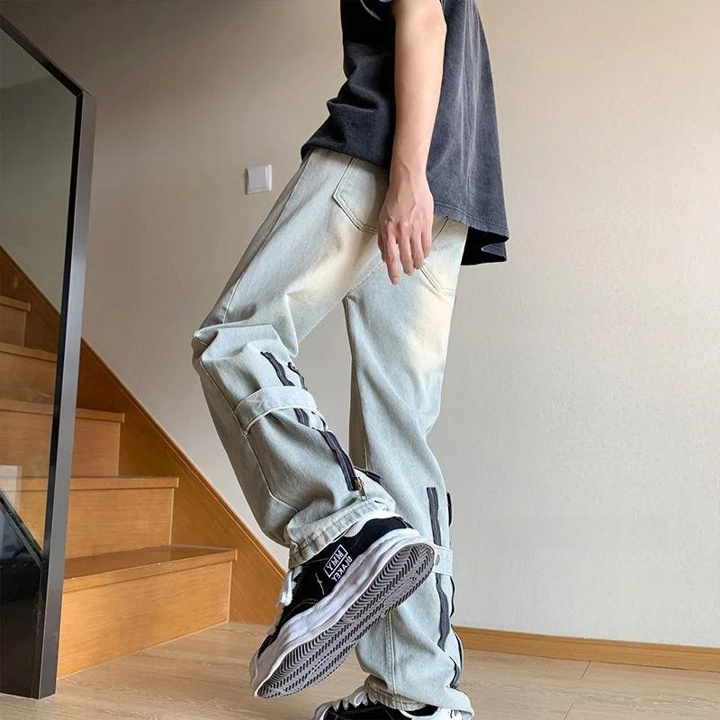 

American Retro Yellow Mud Color Men's Jeans Straight Leg High Street Vibe Large Size 250 Pou Spring Summer Low Waist