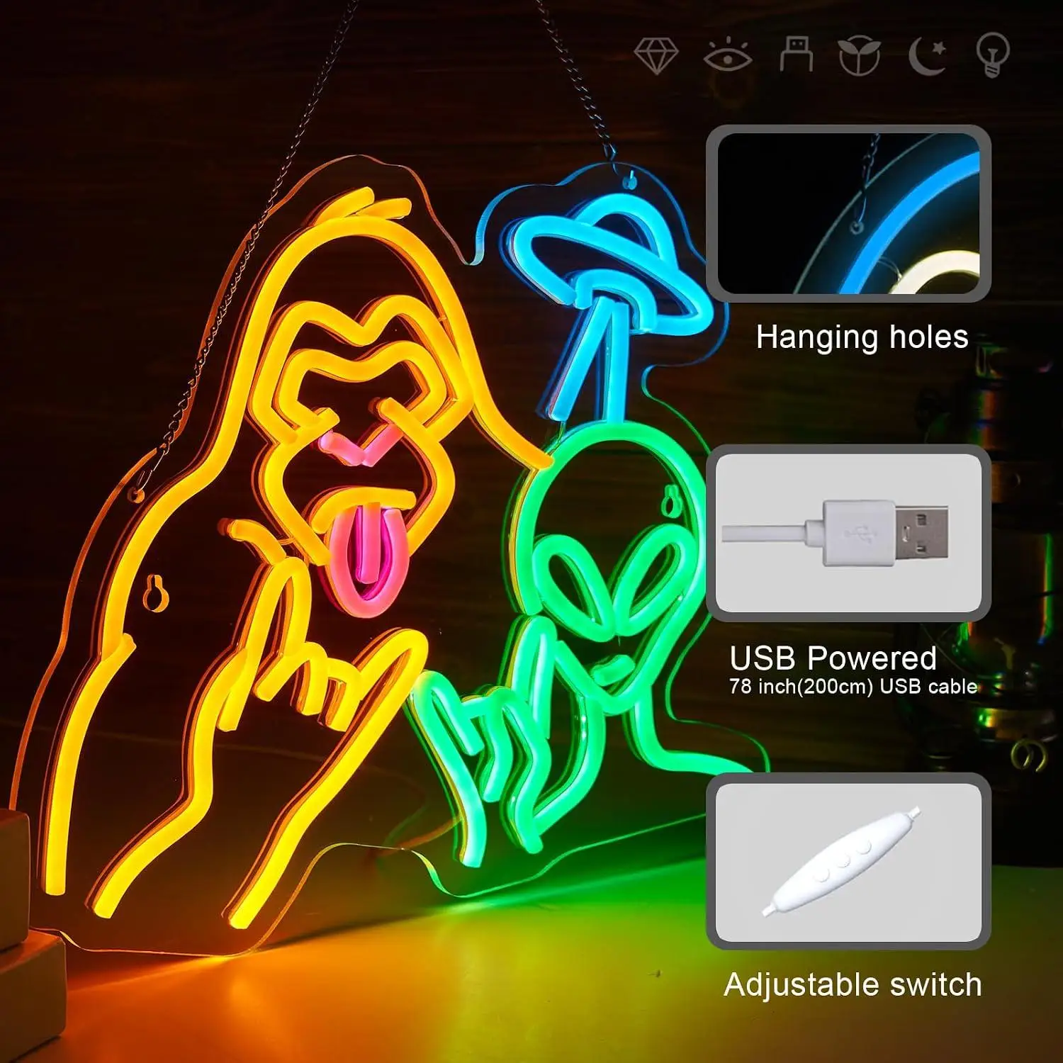 Bigfoot and Alien Neon Sign USB Dimmable LED Neon Light for Teen Boys Bedroom Game Room Man Cave Wall Decor Birthday Gifts