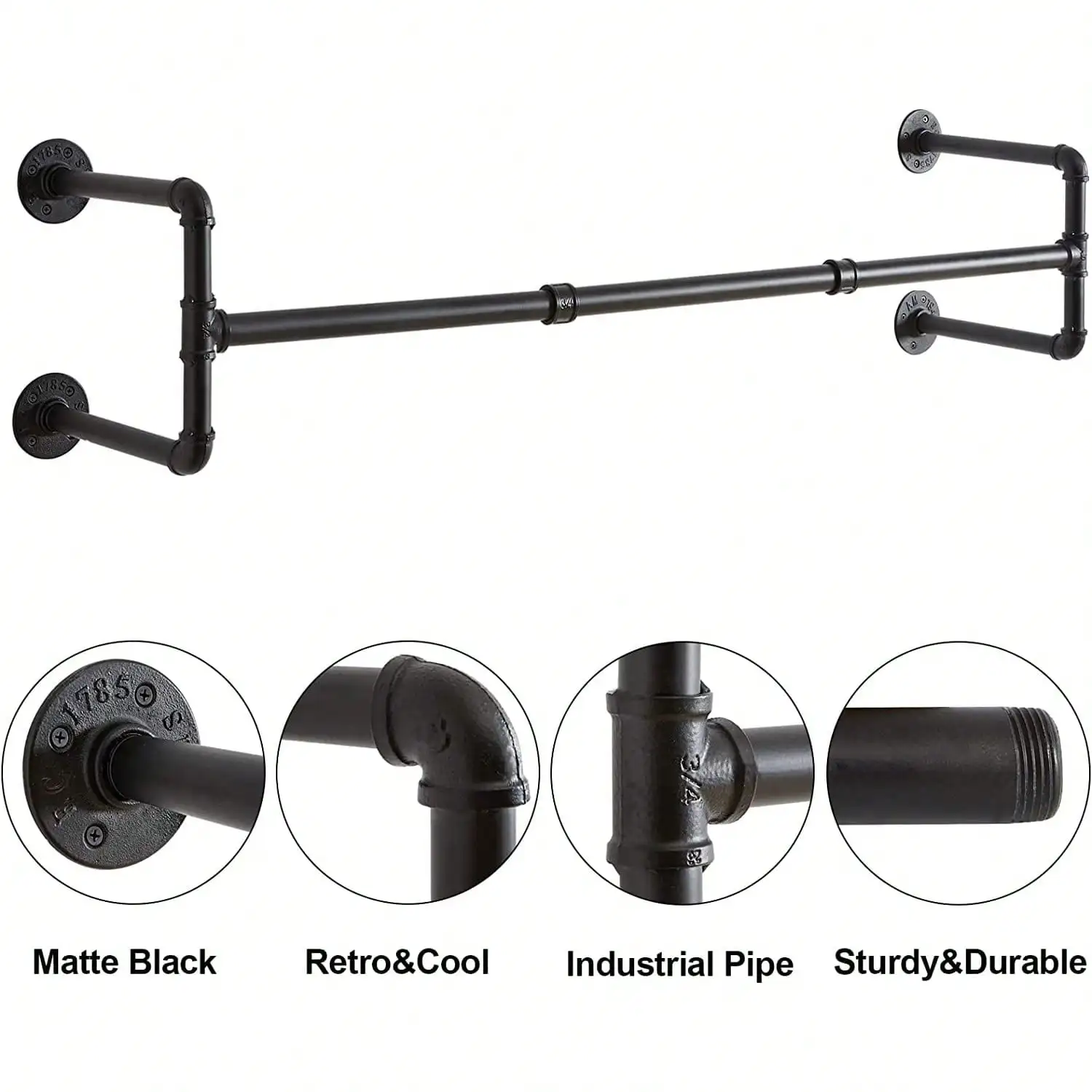 Industrial Pipe Clothes Rack Wall Mounted Black Heavy Duty Metal Garment Bar Unit Hanging Closet Rod Space Saving Rail System For Clothes Laundry Room Bedroom Retail Display Housewarming Gift view 5