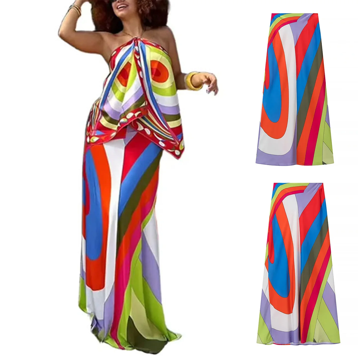 Beach Vaion Sle Midi Skirt Autumn New Arrival Women's High Waist A-Line Rainbow Color Blo Print Casual Polyester Fiber