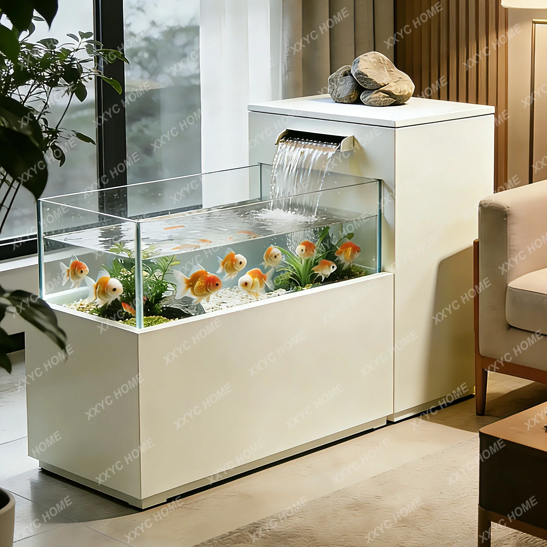 Ultra-white glass fish tank entrance, floor-to-ceiling running water self-circulation landscaping integrated ecological tank