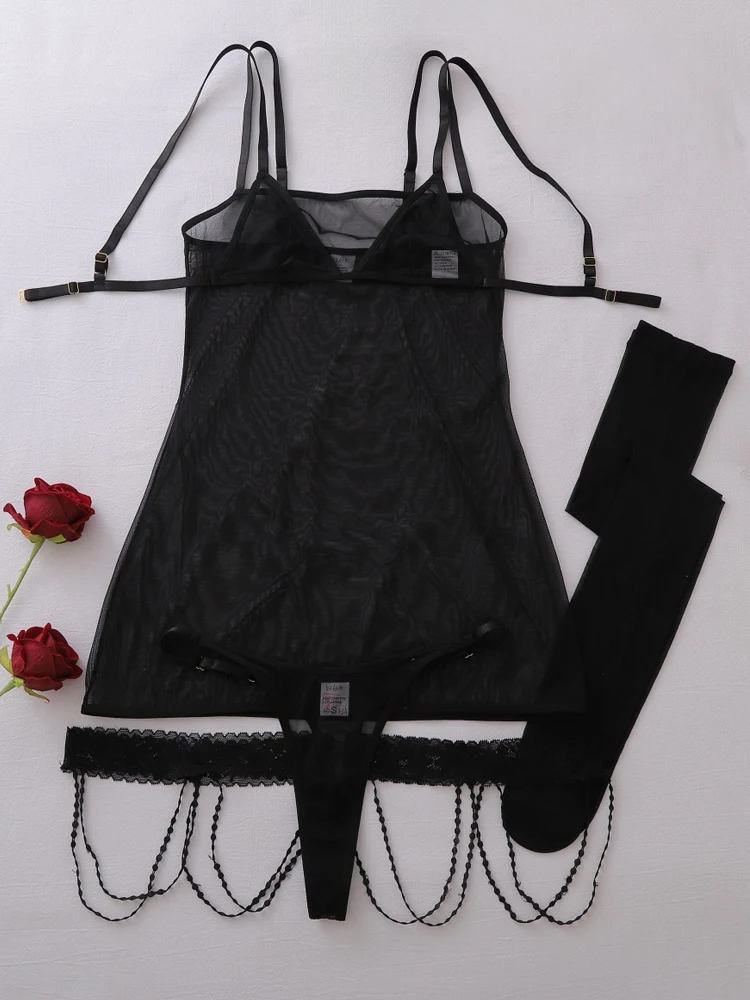 Women Mesh Strap Shaping Bodysuit 3Pcs Set Slim See Through Jumpsuit With Thigh High Stockings Night Club Party Lingerie