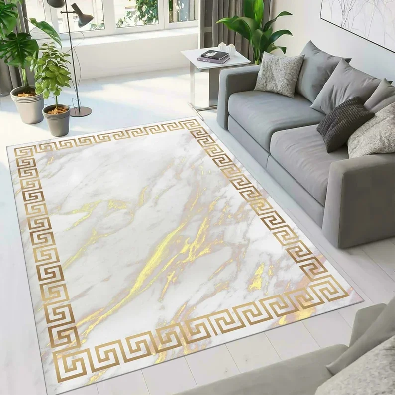 Marble Patterned Carpet Versatile Foot Pad Gold Border Pattern Living Room Bedroom Fully Rug Home Decoration