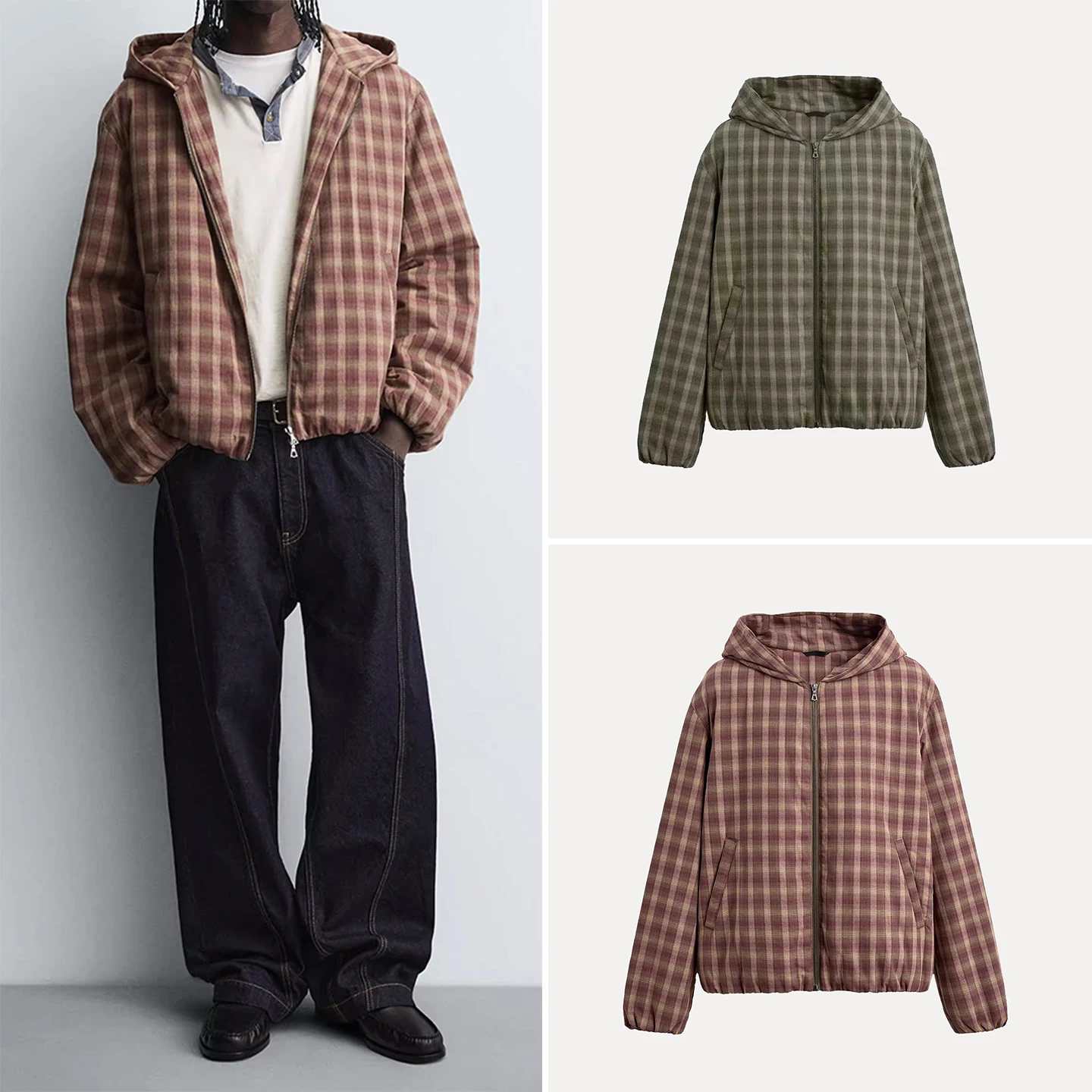 

Casual Cotton Plaid Hooded Jaet Men's Loose Fit Autumn 2025 New Sle Z Youth Long Sve Zipper Closure Coat