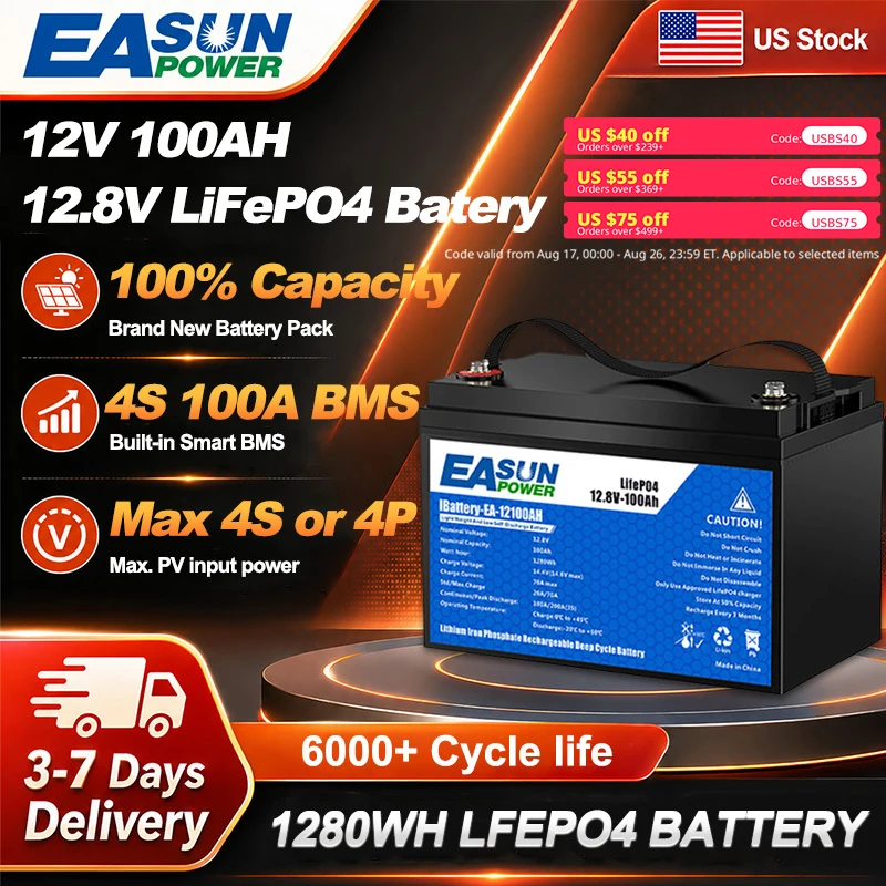 EASUN POWER 12V 100AH LiFePO4 Battery Pack Rechargeable for Outdoor Camping Car Solar System Lithium Iron Phosphate Battery Built-in BMS 6000+ Cyclic for Inverter US Household
