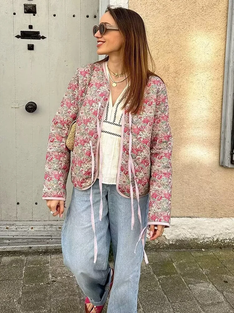 Chaquetas acolchadas florales para mujer, Chaqueta con botones y lazo Vintage, trajes dulces, ropa elegante, 2024