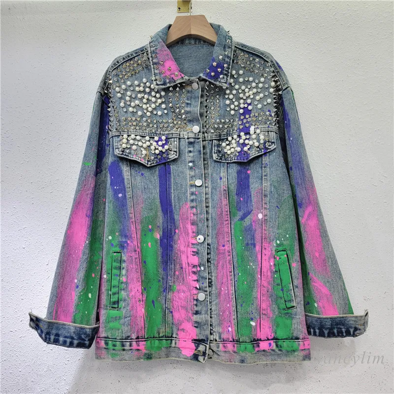 

European Style Denim Jackets Womens 2024 Autumn New Loose Slimming Heavy Industry Rhinestone Personalized Hand Painted Jean Coat