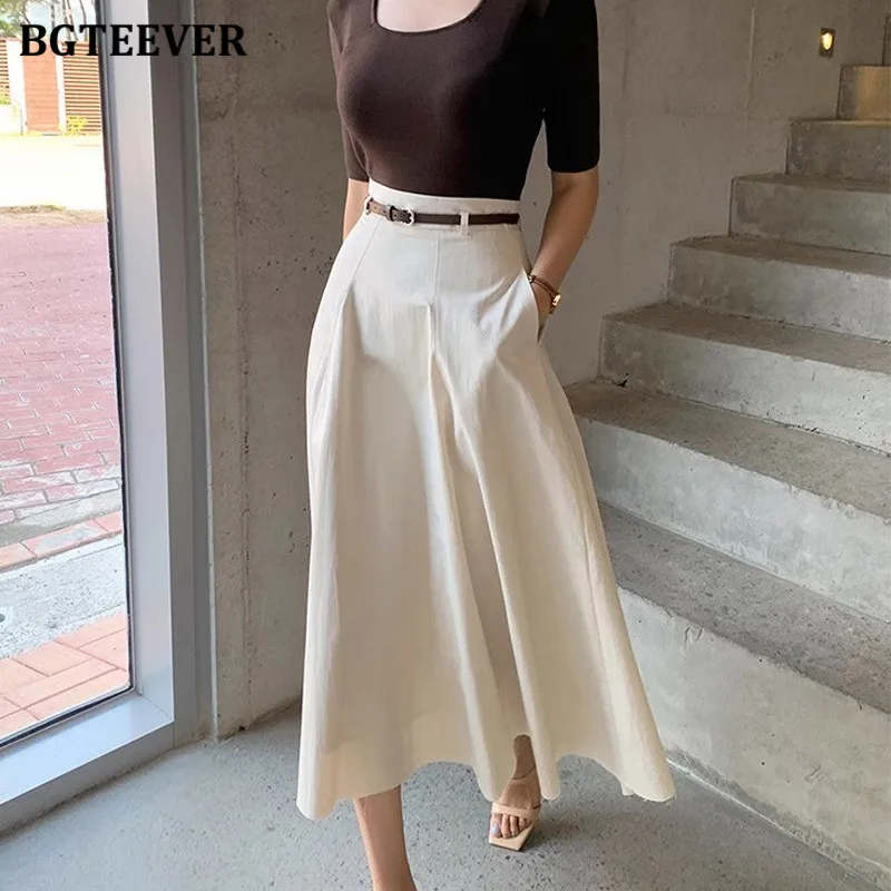 BGTEEVER Stylish High Waist Pockets A-line Skirts for Women Summer Elegant Loose Female Midi Skirts