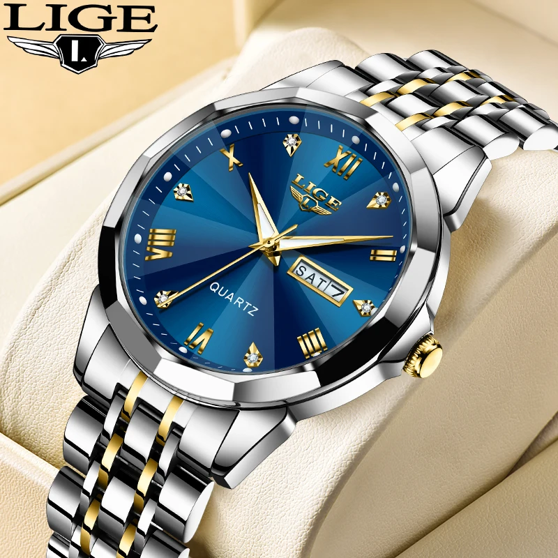 LIGE Fashion Luxury Men's Watches Top Brand Waterproof Luminous Stainless Casual Quartz Man Watch Diamond Week Clock Chronograph