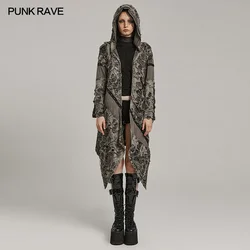 PUNK RAVE Women's Wasteland Punk Splicing Pure Color Knitted Decayed Coat Loose Long Trench Jaket Design Tops Two Colors