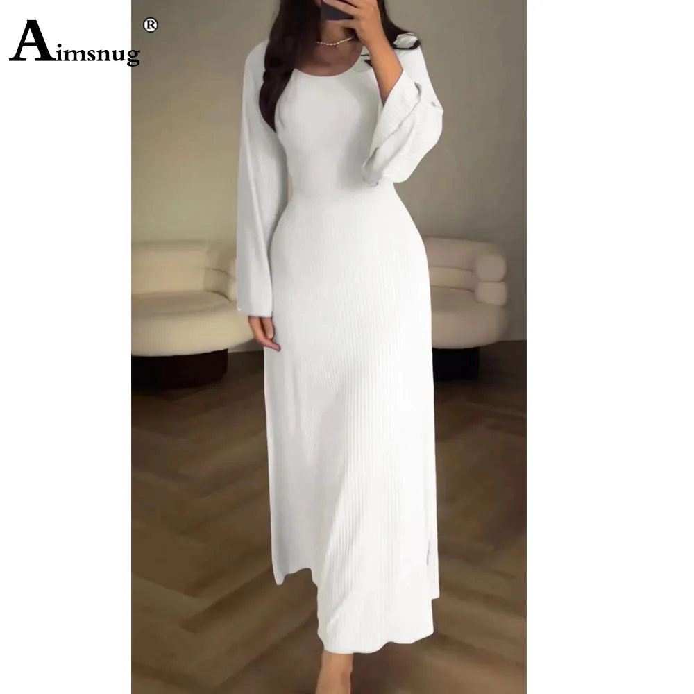 

Aimsnug Boho Solid White Perspective Dresses Women Long Sleeve Maxi Dress Plus size Ladies Vintage Simple Basic Knitted Dress