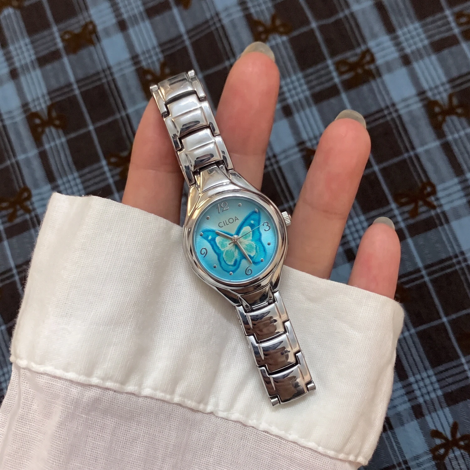 CILOA-Women Y2K Butterfly Quartz Watch Gradient Blue Dial Stainless Steel Band Vintage Ladies Wrist Watch-631