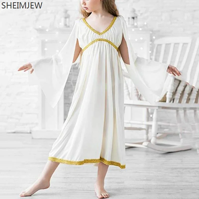 

Kid Roman Greek Princess Cosplay Costume Church Celebration Praise Liturgical Dress Halloween V-neckline Gold Trim Dance Dresses