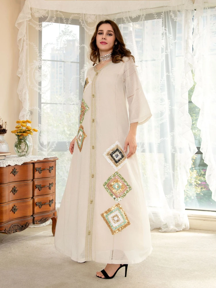 

Jalabiya Sequins Embroidered Long Islamic Dress Women Summer Kaftan Robe Casual Loose Cotton Linen Party Muslim Arab Abaya Dress