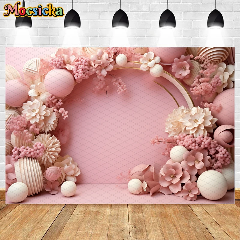 Pink Princess Girl Birthday Photography Background Balloon Arch Floral Decor Kids Portrait Cake Smash Backdrop Photo Studio