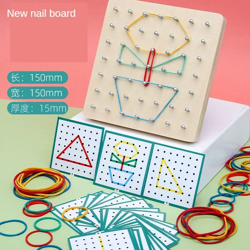 Crianças matemática montessori brinquedos de madeira conjunto forma geométrica borracha pegboard aprendizagem criativa habilidades motoras finas
