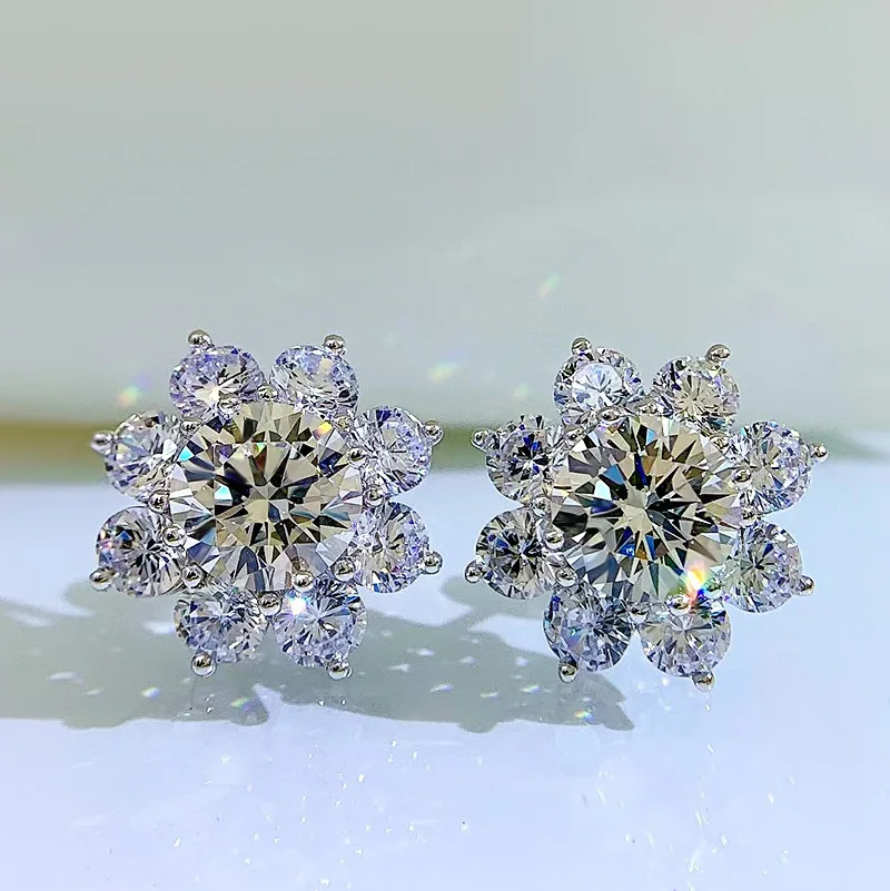 EWYA 100% Real S925 Sterling Silver Floral Zircon Stud Earrings Women High Carbon Diamond Earring Ear Studs Fine Jewelry Gift