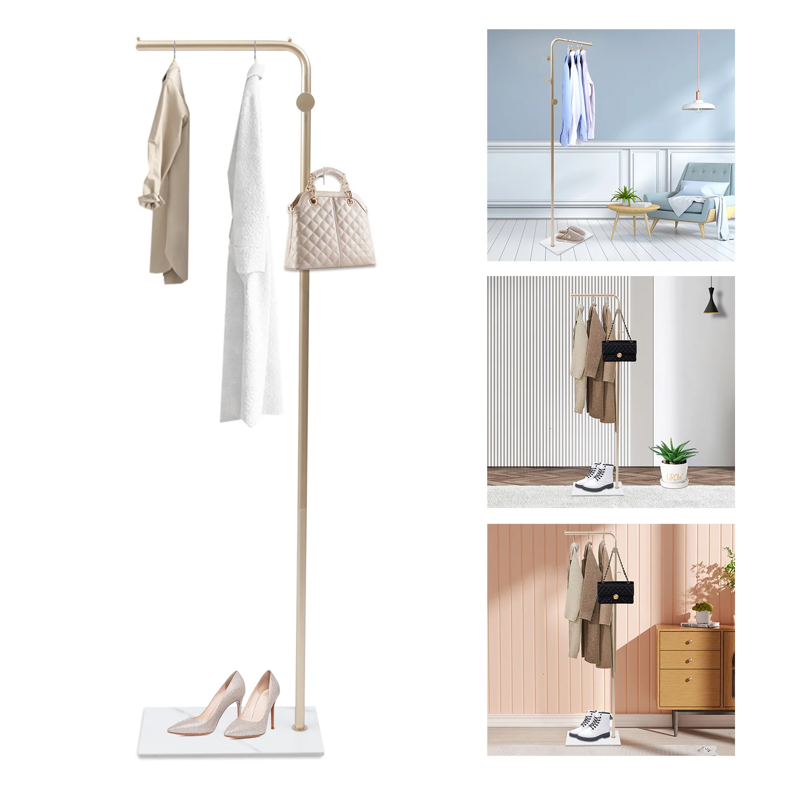 Gold Freestanding Clothes Rack Iron Garment Rack with Rock Slab Base Multi‑Side Hooks Shoe Storage Open Coat Hanger Stand for Bedroom Hallway Dorm Home Organizer