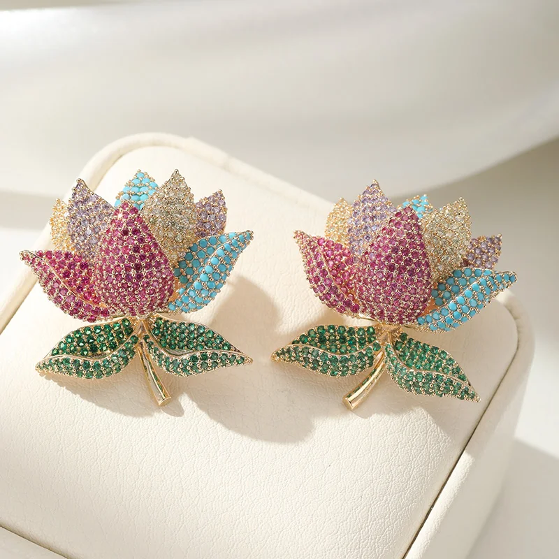 Luxury Gold Plated Multicolor Lotus Flower Stud Earrings Paved Colorful Cubic Zirconia Design Bold Statement Jewelry for Party
