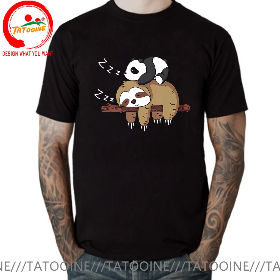 

Cartoon The Panda Lazily Lies On The Back Of The Koala T Shirt for Men Cute Panda Sleeping On Sloth T-Shirt New Fashion TeeShirt