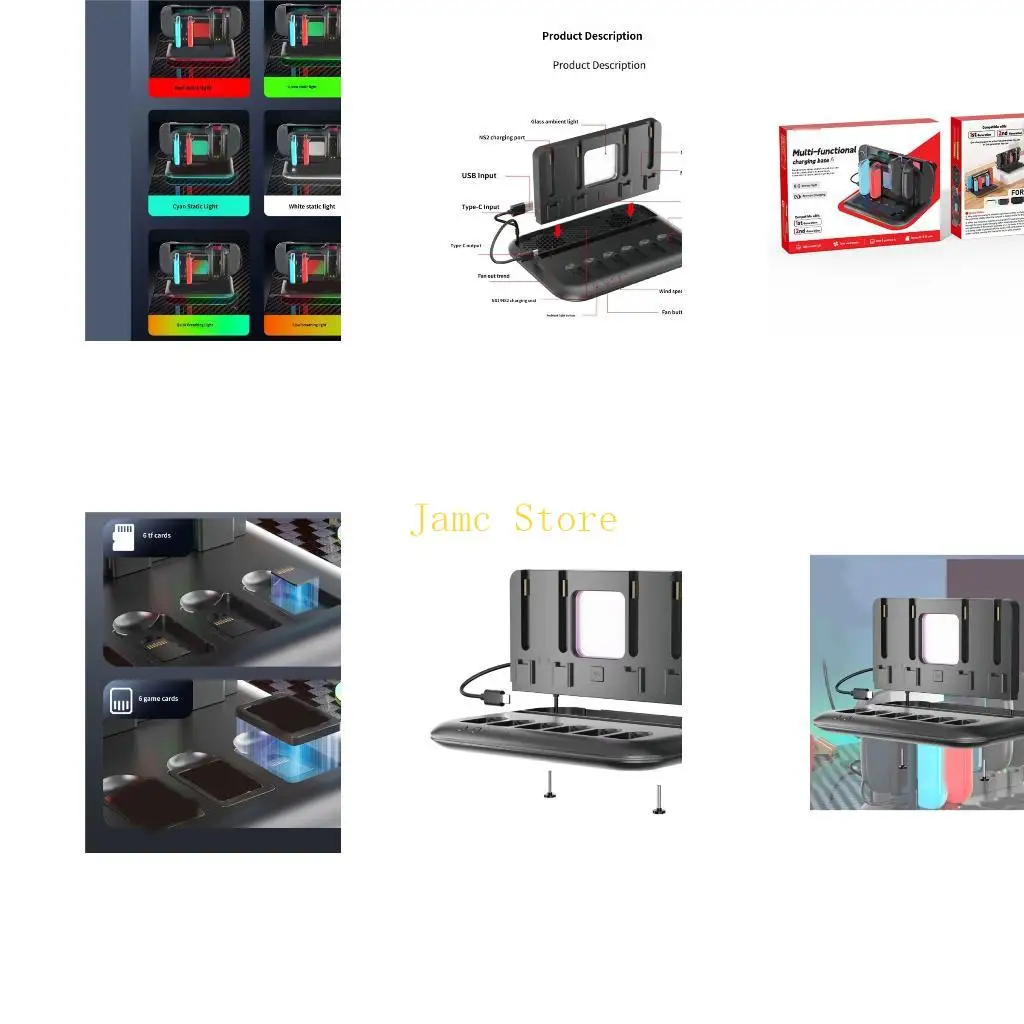 LX0B Cooling Dock Stand with Cable Link Design, Cooling Area, Card Storage Detail and Daily Desk Use Direction for Handheld Play